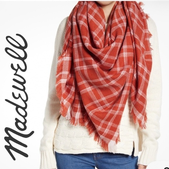 Madewell Accessories - Madewell Nordstrom Plaid Fringe Scarf Rust White Terra Cotta Blanket OS New